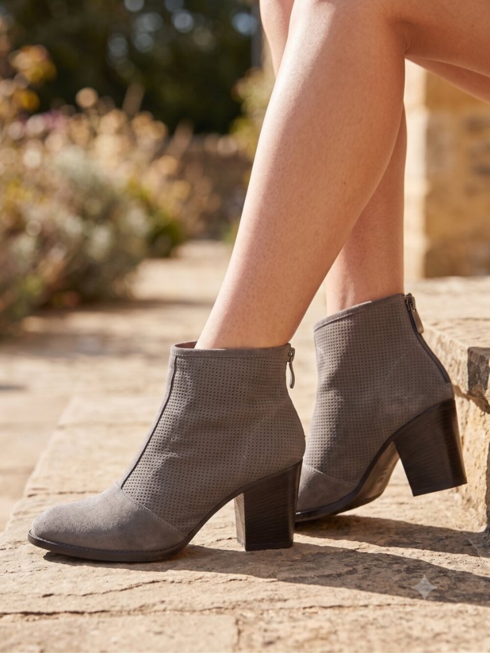 Aquatalia Faris taupe perforated nubuck high heel ankle boots